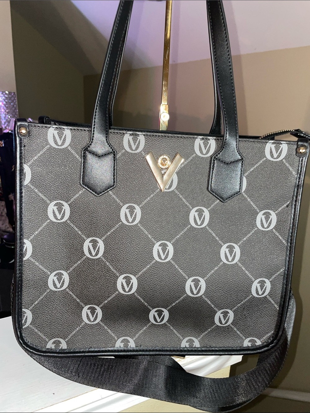 Valentino Orlandi Black Logo Tote with Gold V Accent